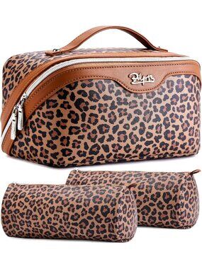 Travel Makeup Bag Set for Women - 3 Pcs Portable Leopard Print Cosmetic Bags